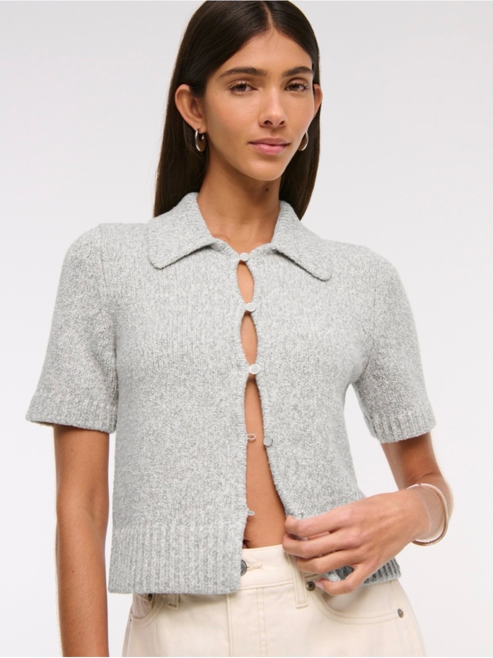 Abercrombie & Fitch Heather Gray Short-Sleeve Button Cardigan - Picture 2 of 7